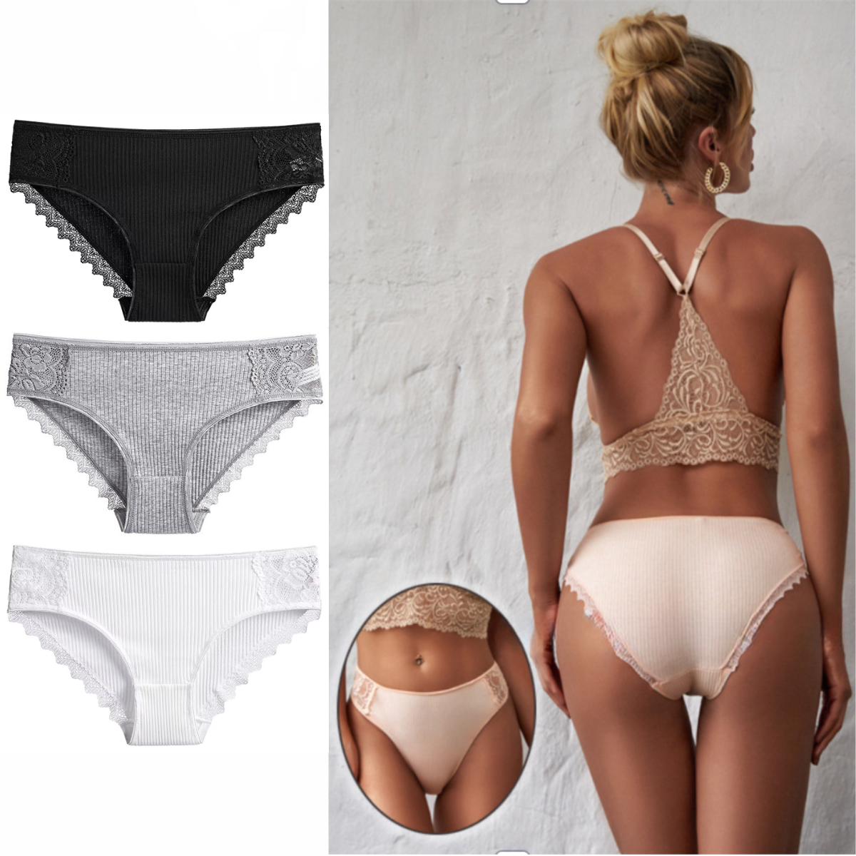 3-PAK A&B Intimates Ribbed Romance – bawełniane koronkowe figi (Zestaw 3 kolorów)