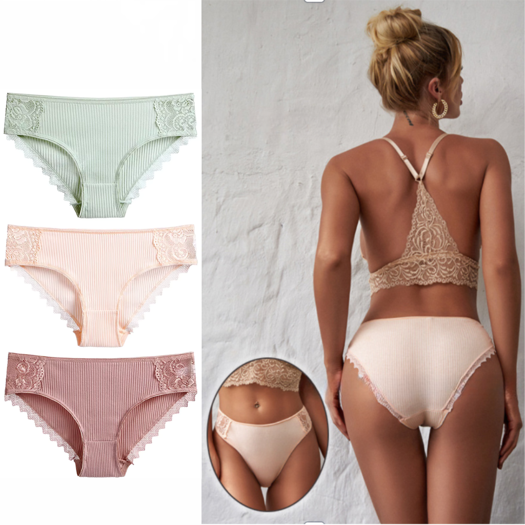 3-PAK A&B Intimates Ribbed Romance – bawełniane koronkowe figi (Zestaw 3 kolorów)